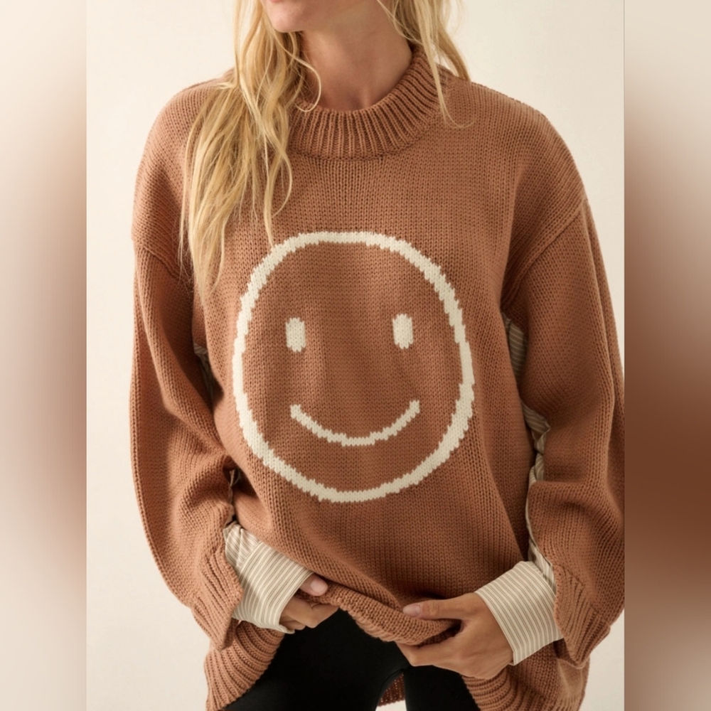 #6284 🩷 🛑M Chic Trendy Smiley Face Contrast Oversize Sweater - Picture 8 of 13